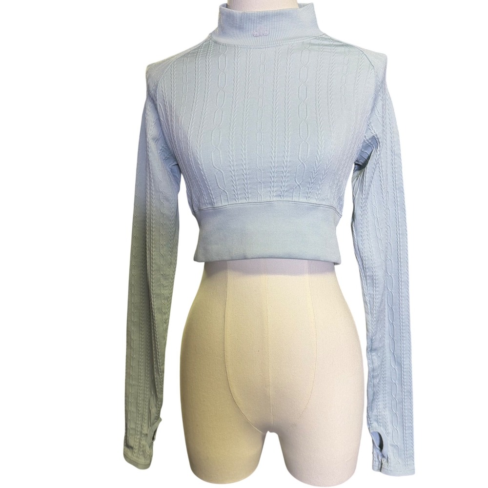 Alo Yoga Crop Top Womens S Blue Good Cable Knit Mock Neck Thumbhole Long Sleeve